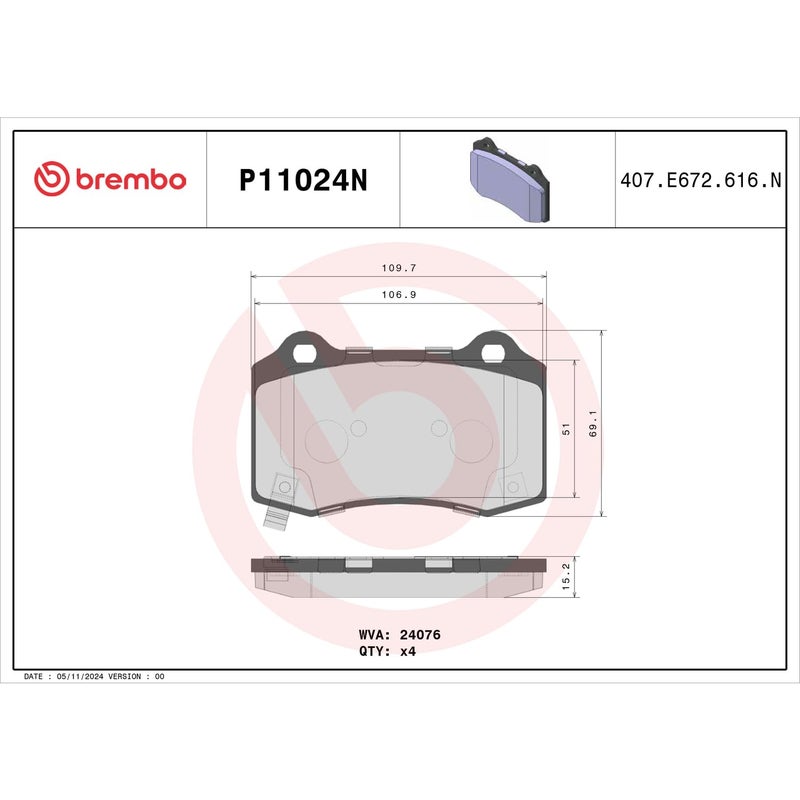 Brembo P11024N Premium Ceramic Rear Disc Brake Pad Set CADILLAC/CHEVROLET/CHRYSLER/DODGE/FPV/JEEP OE# 89047744 - Image 4